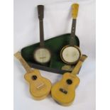 2 Banjoleles - Riselonia Germany and one unmarked and 2 Ukuleles - Lark and one unmarked