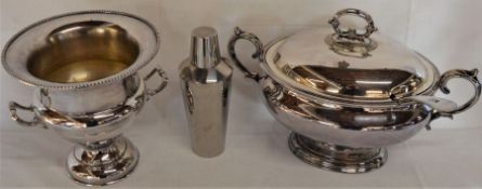 Silver plate campana shape wine cooler, silver plate soup tureen with ladle & a cocktail shaker