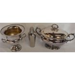 Silver plate campana shape wine cooler, silver plate soup tureen with ladle & a cocktail shaker