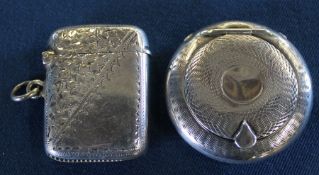 Silver vesta case Birmingham 1902 & circular silver pot with mirrored lid & engine turned decoration