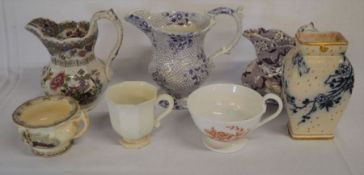 3 19th century transfer printed jugs, miniature potty, cream ware coffee cup, tea cup & a Doulton