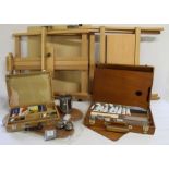 Large Loxley easel, 2 painters palettes, Winsor & Newton artist box & 1 other (not complete)