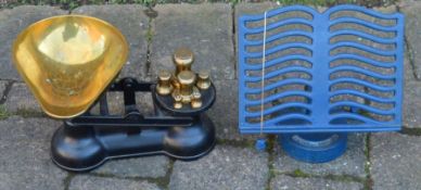 Set of kitchen scales & a cast iron book stand