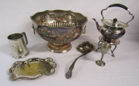 Collection of silver plate including a punch bowl with ladle, spirit kettle etc