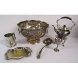 Collection of silver plate including a punch bowl with ladle, spirit kettle etc