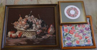 3 framed needle point pictures. Largest 65cm by 55cm