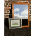 Bevel edged pine mirror and a limited edition print by Michael Long of Stonehenge 190/600