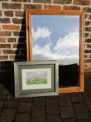 Bevel edged pine mirror and a limited edition print by Michael Long of Stonehenge 190/600
