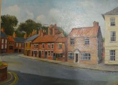 Oil on board of Bridge Street, Louth by Tom Brooker. Frame size 56cm by 43cm