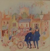 Small Colin Carr watercolour of a market place scene frame size 29cm by 28cm & framed signatures