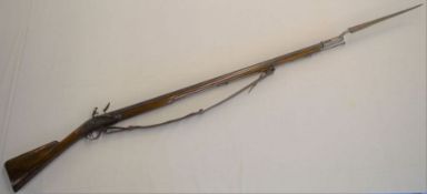 18th/early 19th century flintlock musket engraved Heeleys & Co. with bayonet. Total length 188cm,