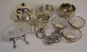 Various silver plate items including a muffin dish, toast rack, rose bowl etc