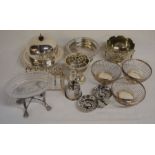 Various silver plate items including a muffin dish, toast rack, rose bowl etc