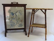 Art Deco mirror & 1 other, bamboo table & mahogany framed embroidered firescreen