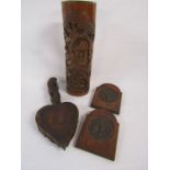 Carved bamboo brush holder a pair of wooden bellows and a pair of hanging carved book end ends