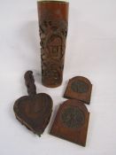 Carved bamboo brush holder a pair of wooden bellows and a pair of hanging carved book end ends