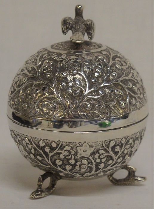 Spherical Anglo Indian white metal pot with repousse decoration & bird finial Ht 12cm - Image 2 of 3