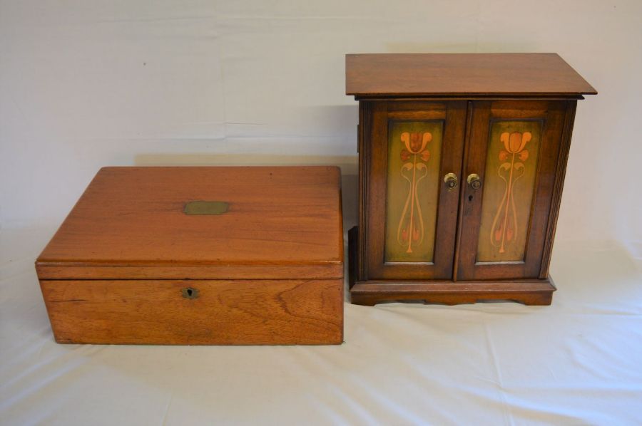 Smoker's compendium cabinet with Art Nouveau panels Ht 38cm & a Victorian wooden 2 handle box