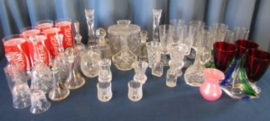 Collection of glassware to include Coca-Cola glasses, candle sticks, bells etc