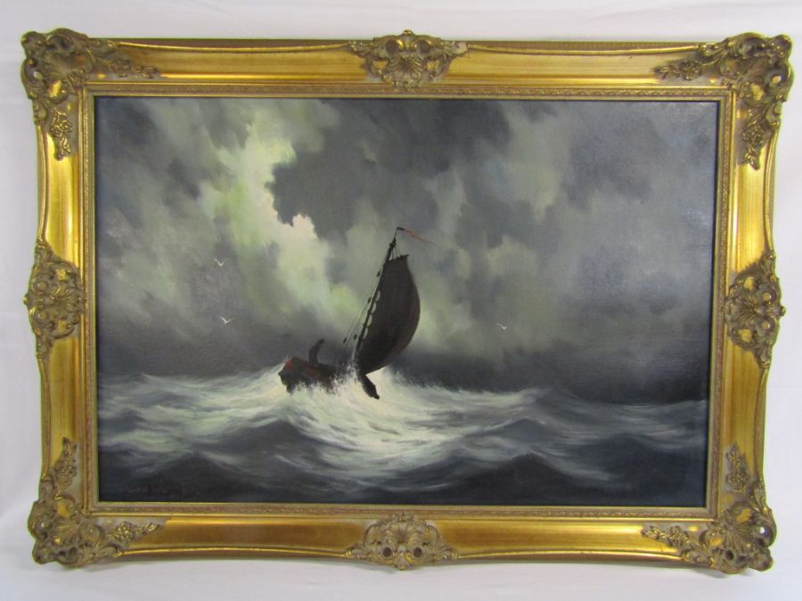 Toon Koster (Dutch 1913-1989) oil on canvas - Boat on rough seas approx. 106.5cm x 76cm (includes - Image 2 of 5