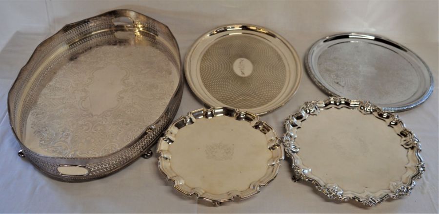 Large oval silver plate tray with gallery , 2 silver plate trays & 2 salvers