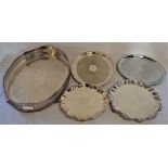 Large oval silver plate tray with gallery , 2 silver plate trays & 2 salvers