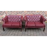 Pair of Viceroy design button backed red leather 2 seater Chesterfield style sofas