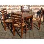 Gate leg table with barley twist legs & 4 rush seat ladder back chairs