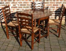 Gate leg table with barley twist legs & 4 rush seat ladder back chairs