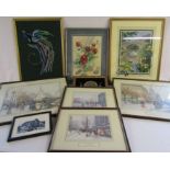 Collection of prints and needlework and woolwork to include Fishermans hut, Flower Sellers etc and