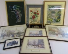 Collection of prints and needlework and woolwork to include Fishermans hut, Flower Sellers etc and