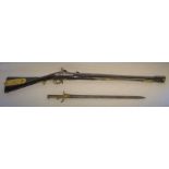 Victorian percussion cap Brunswick rifle stamped VR Tower 1860, with bayonet.  L120cm bayonet length
