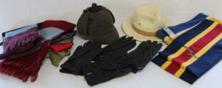 Harris Tweed deer stalker, 4 pairs of gents leather gloves, scarves including Inspector Morse