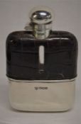 Silver, glass & leather clad hip flask Sheffield 1927 maker G & J W Hawksley 12.5cm by 8cm -