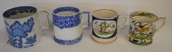 2 large 19th century blue & white transfer printed tankards (one with makers monogram CH), frog