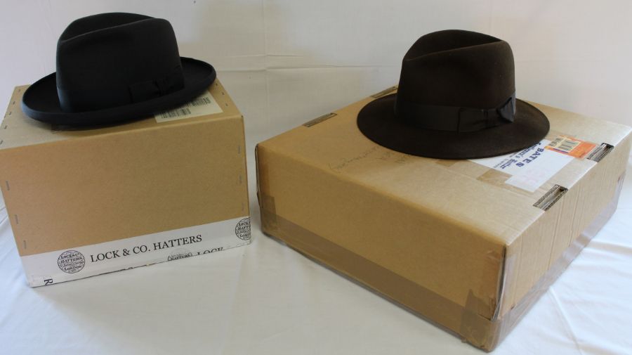 James Lock & Co dark grey fur felt homburg & brown fur felt trilby both 7 3/8 60cm with original - Image 2 of 2