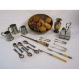 Wooden fruit bowl with wooden fruit and a collection of silver plate items to include sugar tongs