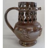 19th century salt glazed stoneware puzzle jug with 3 nozzles & pierced collar, sprigged with two