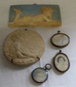 Set of 3 early 20th century Atter family portrait miniatures (1 in silver pocket watch case) & 2