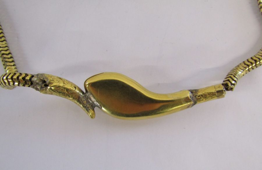 Tested as 15ct gold 20" snake necklace - head set with turquoise and garnet - may need some new - Image 3 of 4