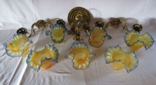 Ceiling light and 2 sconces with blue and yellow glass shades