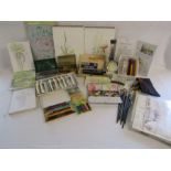 Collection of art materials and artwork to include an Osmiroid pen