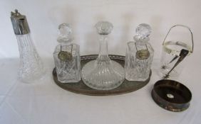 Glass decanters with silver Whisky and Brandy tags silver plate tray etc