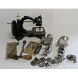 Vintage hand crank serpentine style neck sewing machine & Empire & Russwin mincers