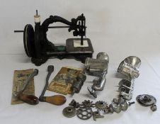 Vintage hand crank serpentine style neck sewing machine & Empire & Russwin mincers