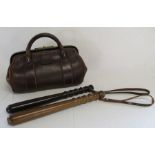 Brown leather Gladstone bag & 2 truncheons