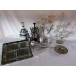 A selection of items to include a table lamp and metal candle holders etc