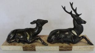 French Art Deco stag & doe after Thierry, on marble and slate plinth 50cm w, 13cm d, 24cm h
