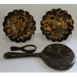 Pair of 19th century tortoiseshell pin dishes with scalloped edges, painted gilt lacquer