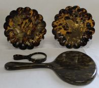 Pair of 19th century tortoiseshell pin dishes with scalloped edges, painted gilt lacquer